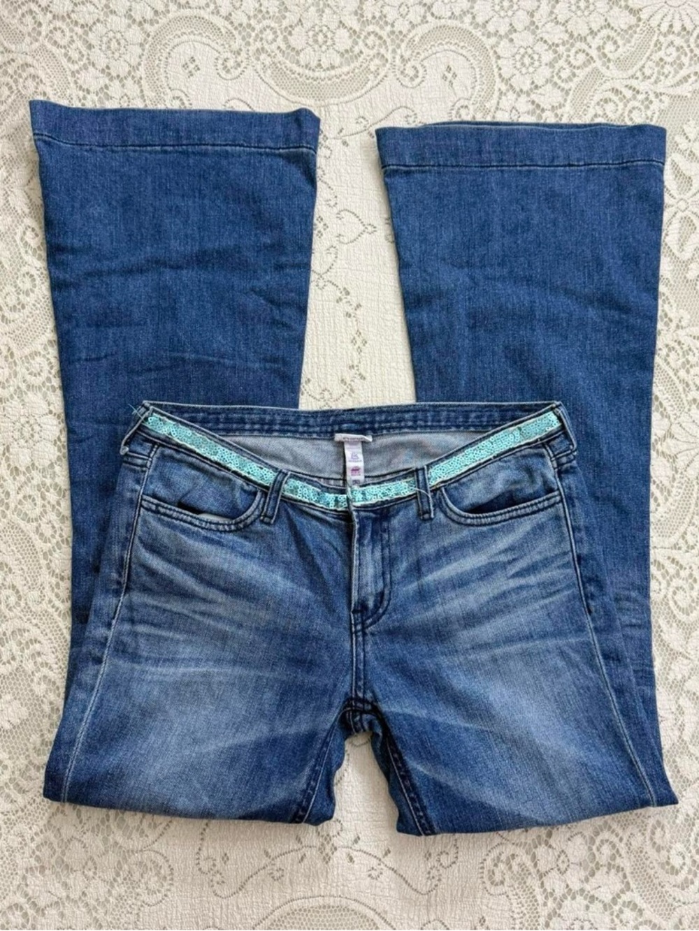 y2k girly grunge whimsical low rise flared leg jeans w sequins around the waist